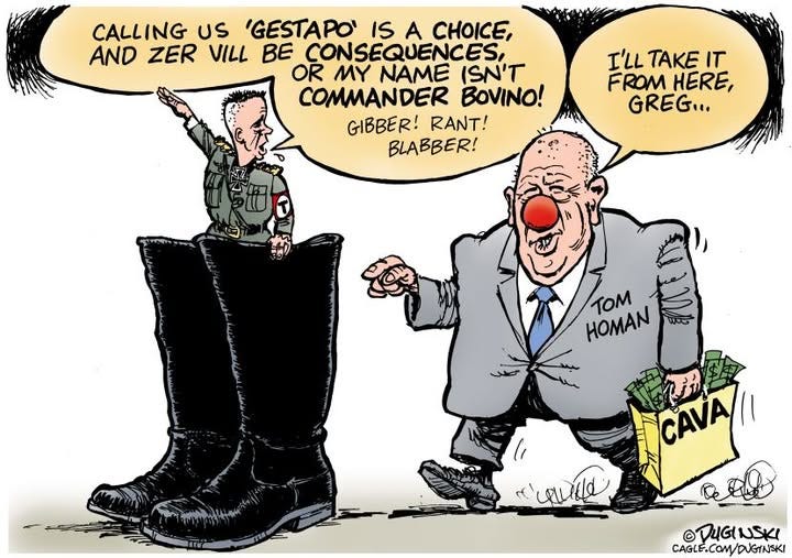 May be an image of text that says 'CALLING US 'GESTAPO' IS A CHOICE, AND ZER VILL E CONSEQUENCES, OR MY NAME ISN'T COMMANDER BOVINO! GIBBER! RANT! BLABBER! I'LL TAKE 'LLTAKEIT IT FROM FROMHERE, HERE, GREG... HOMAN ឃបញ TOM FR CAVA r'caeld ©DUGINSKI CAGLE.COM/DUGINSKI'