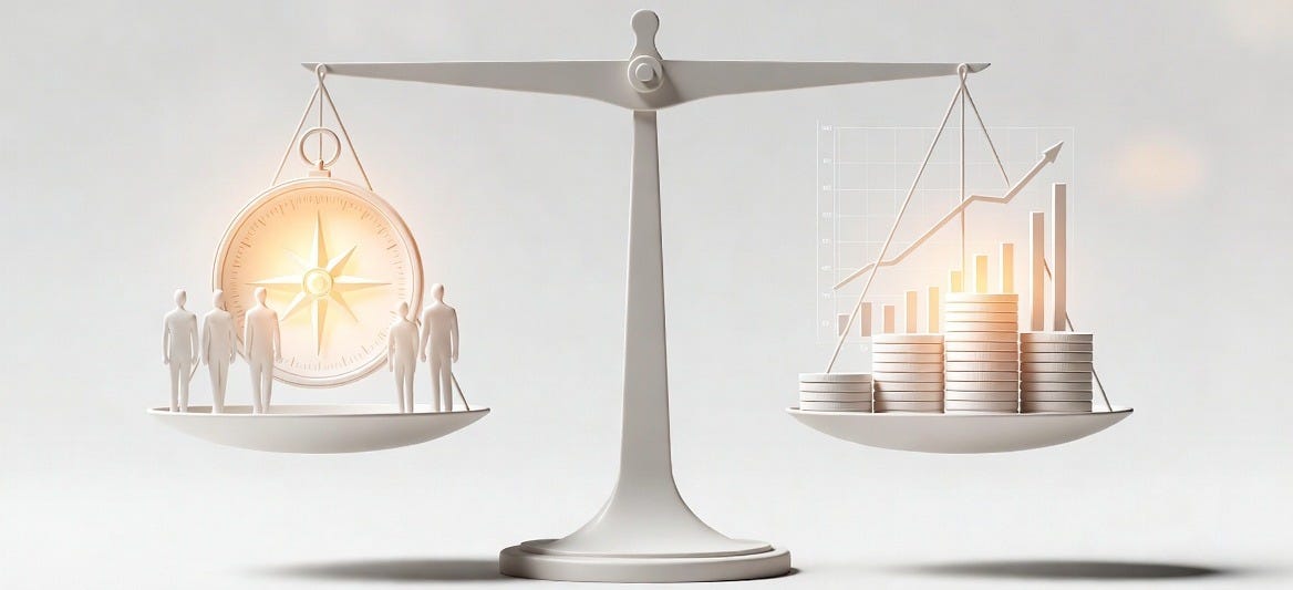 A balance scale with a glowing compass and people on one side, versus money and growth charts on the other, representing the tension between ethical purpose and organizational incentives. A balance scale with a glowing compass and people on one side, versus money and growth charts on the other, representing the tension between ethical purpose and organizational incentives.