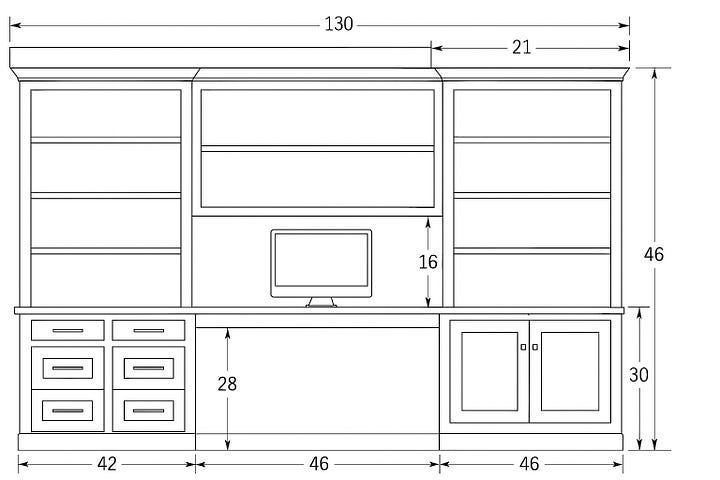 Four images showing the progression of a built-in desk and shelving design: a rough pencil sketch, a detailed line drawing with dimensions, a 3D rendering in white with measurements, and a final rendering in blue with a walnut desktop.