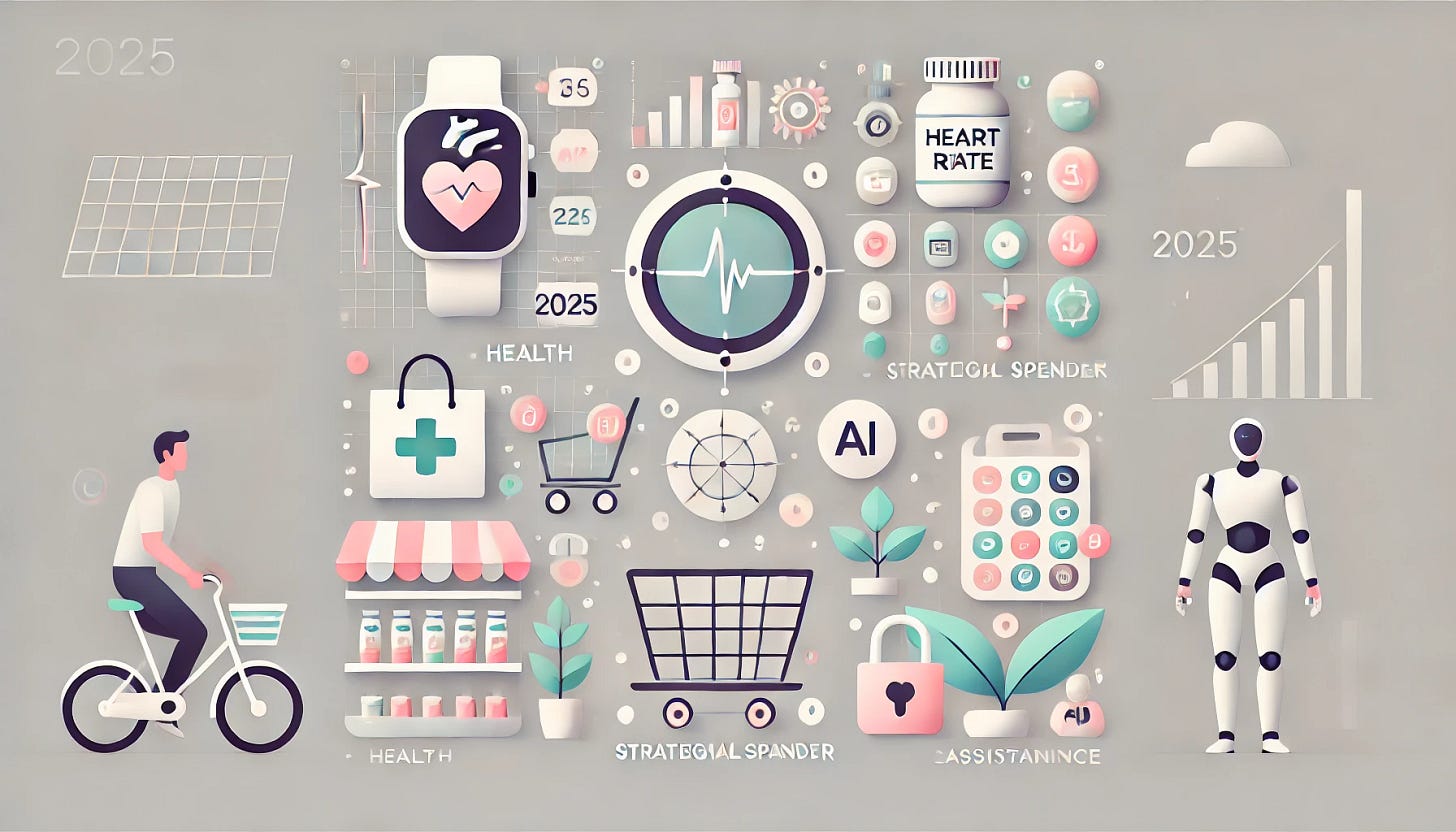 A 16:9 minimalist illustration combining five futuristic consumer types of 2025: (1) A health-focused consumer with a smartwatch icon tracking metrics like heart rate, minimal pharmacy shelves with supplements in the background; (2) A strategic spender represented by simple budget graphs, a shopping cart, and floating discount tags; (3) An eco-conscious consumer with abstract plant shapes, solar panels, and a globe symbolizing sustainability; (4) A tech-savvy user shown with minimalist icons of clean navigation filters, and a simple laptop; (5) A consumer using AI tools with floating padlock and chatbot icons representing security and assistance. The composition is clean, modern, and visually separated into five zones with a uniform soft color palette.