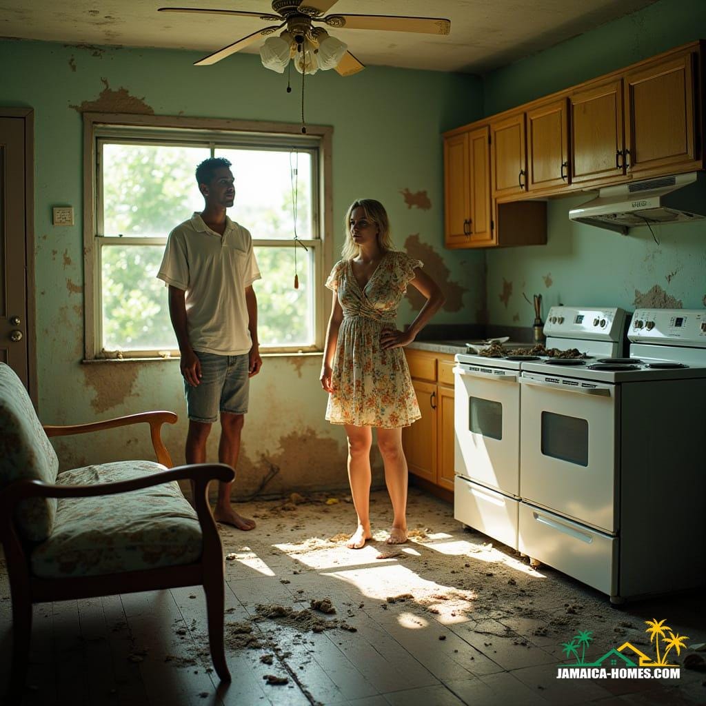 Mixed race black couple, him in a worn denim shirt, her in a bright floral dress, standing amidst the chaos of their newly purchased Caribbean home in Jamaica, their faces etched with shock, horror, and disappointment as they uncover the hidden defects, furniture and appliances askew, revealing mold-stained walls, shattered tiles, water damage, and cracks in the foundation. Sunlight pours through the open windows, casting a warm glow on the tropical landscape outside, but the interior's peeling paint, warped wooden floors, and signs of deliberate neglect tell a different story. The atmosphere is heavy with the weight of their shattered expectations, the excitement of new beginnings giving way to frustration and disillusionment. Shot in the style of cinematographers Emmanuel Lubezki and Roger Deakins, with the warmth and grit of 35mm film, evoking the cinematic mastery of Stanley Kubrick, with a hint of the dramatic flair of Terrence Malick, capturing the epic drama of a moment frozen in time, with a color palette that echoes the vibrancy of the Caribbean, yet muted by the melancholy of disappointment.