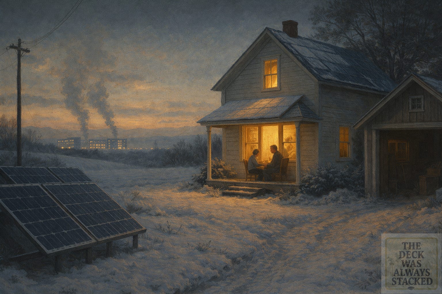 A winter dusk oil painting of a small American farmhouse with solar panels in the snow. An elderly couple sits at a warmly lit kitchen table inside. In the distant snowy horizon, a modern data center glows faintly with cooling vapor rising into the cold sky.