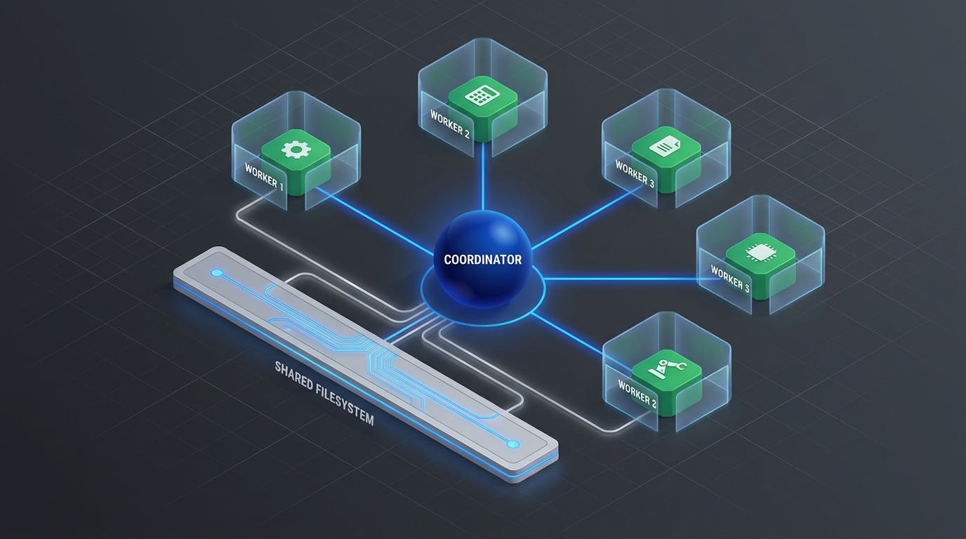 Claude Managed Agents multi-agent orchestration: isometric star topology with central coordinator dispatching tasks to isolated AI Agents sharing a common filesystem