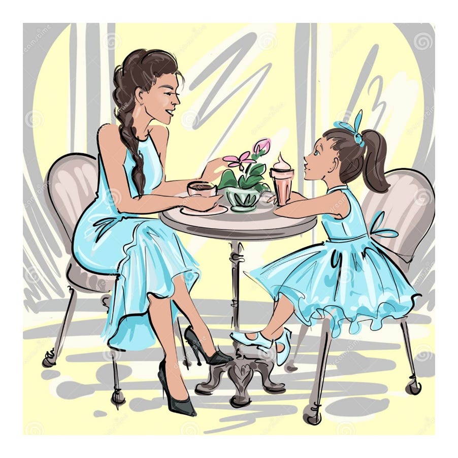 Illustration of a mother and daughter in a cafe. Illustration of a mother and daughter in a cafe.