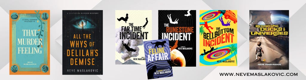 A sequence of 7 book covers. Four are grouped together into a series and 3 stand alone.