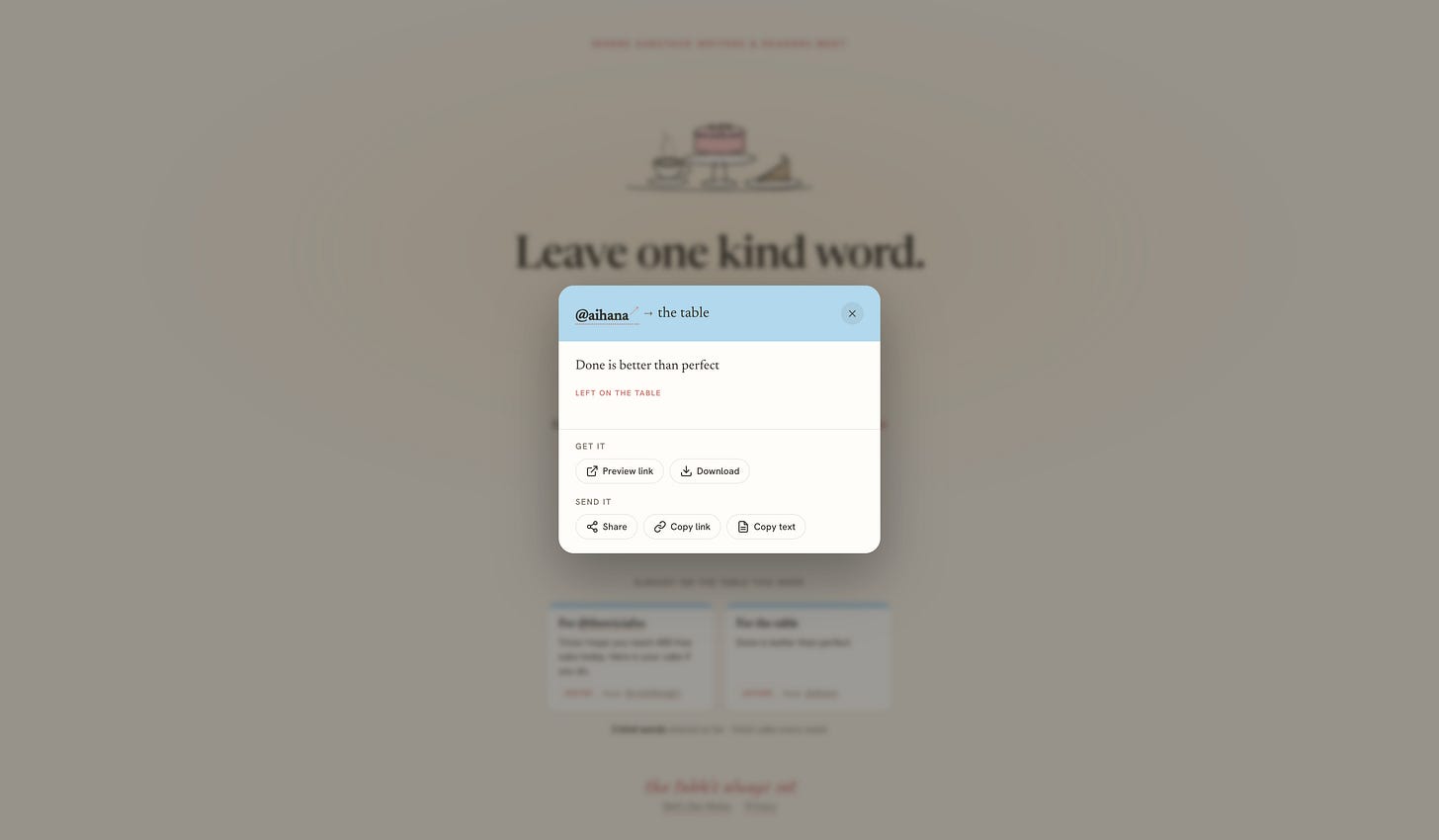 Fika for Substack slice options modal showing Preview link and Download under 'Get it,' and Share, Copy link, and Copy text under 'Send it.' Fika for Substack slice options modal showing Preview link and Download under 'Get it,' and Share, Copy link, and Copy text under 'Send it.'