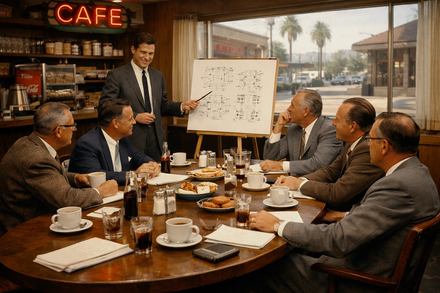 A cinematic illustration of a 1950s "Group" meeting in a retro cafe, with men in suits looking at a technical diagram on an easel. A cinematic illustration of a 1950s "Group" meeting in a retro cafe, with men in suits looking at a technical diagram on an easel.