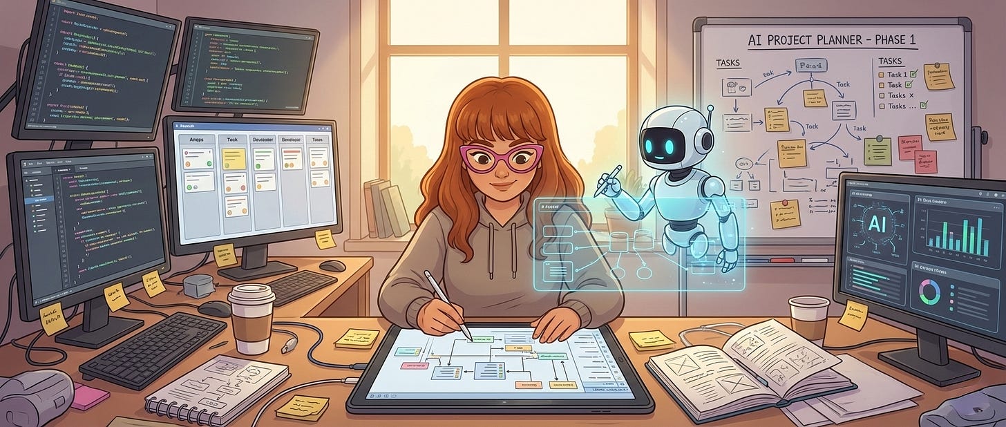 Illustration of a creator working at a desk with multiple monitors, sketching an AI workflow on a tablet while a small AI assistant hovers beside her, highlighting connected tasks, dashboards, and a project planning board in the background. Illustration of a creator working at a desk with multiple monitors, sketching an AI workflow on a tablet while a small AI assistant hovers beside her, highlighting connected tasks, dashboards, and a project planning board in the background.