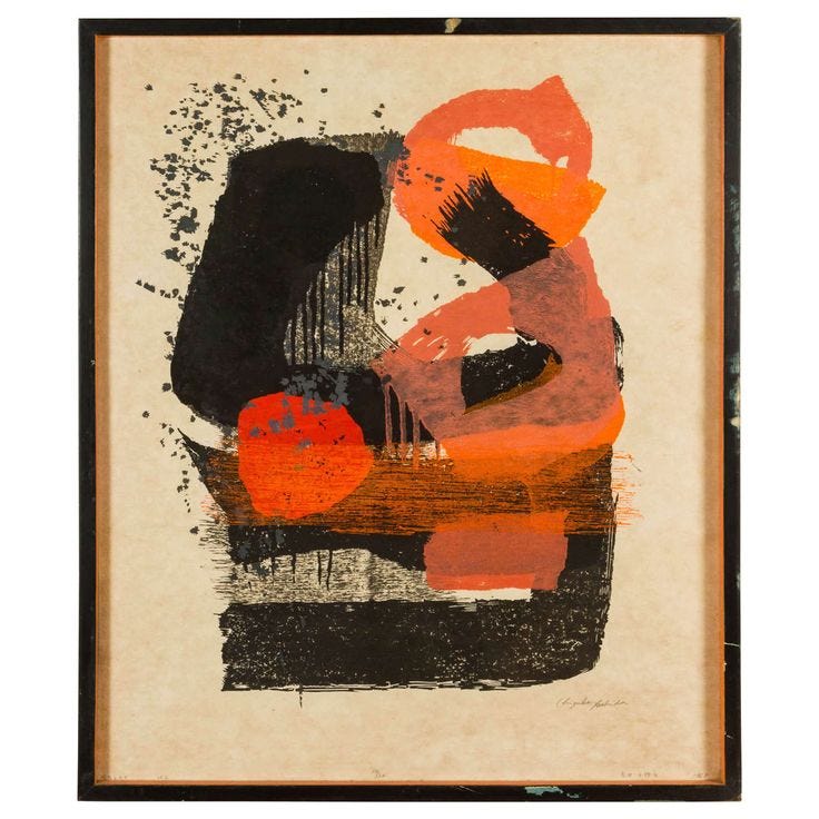 This may contain: an orange and black abstract painting on paper