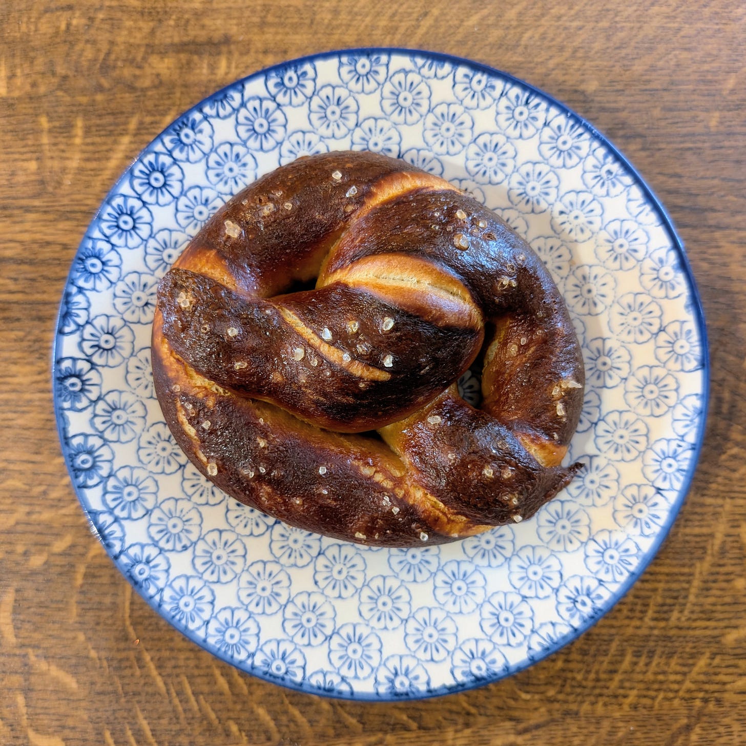 A single freshly baked pretzel with a dark, glossy brown crust and coarse salt crystals sits on a ceramic plate decorated with blue floral patterns. The plate rests on a wooden surface, highlighting the pretzel’s sheen and texture.