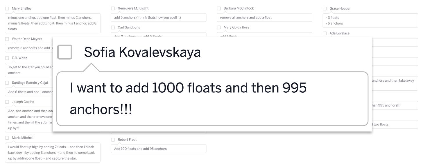 Thirty responses with one called out: "I want to add 1000 floats and 995 anchors"