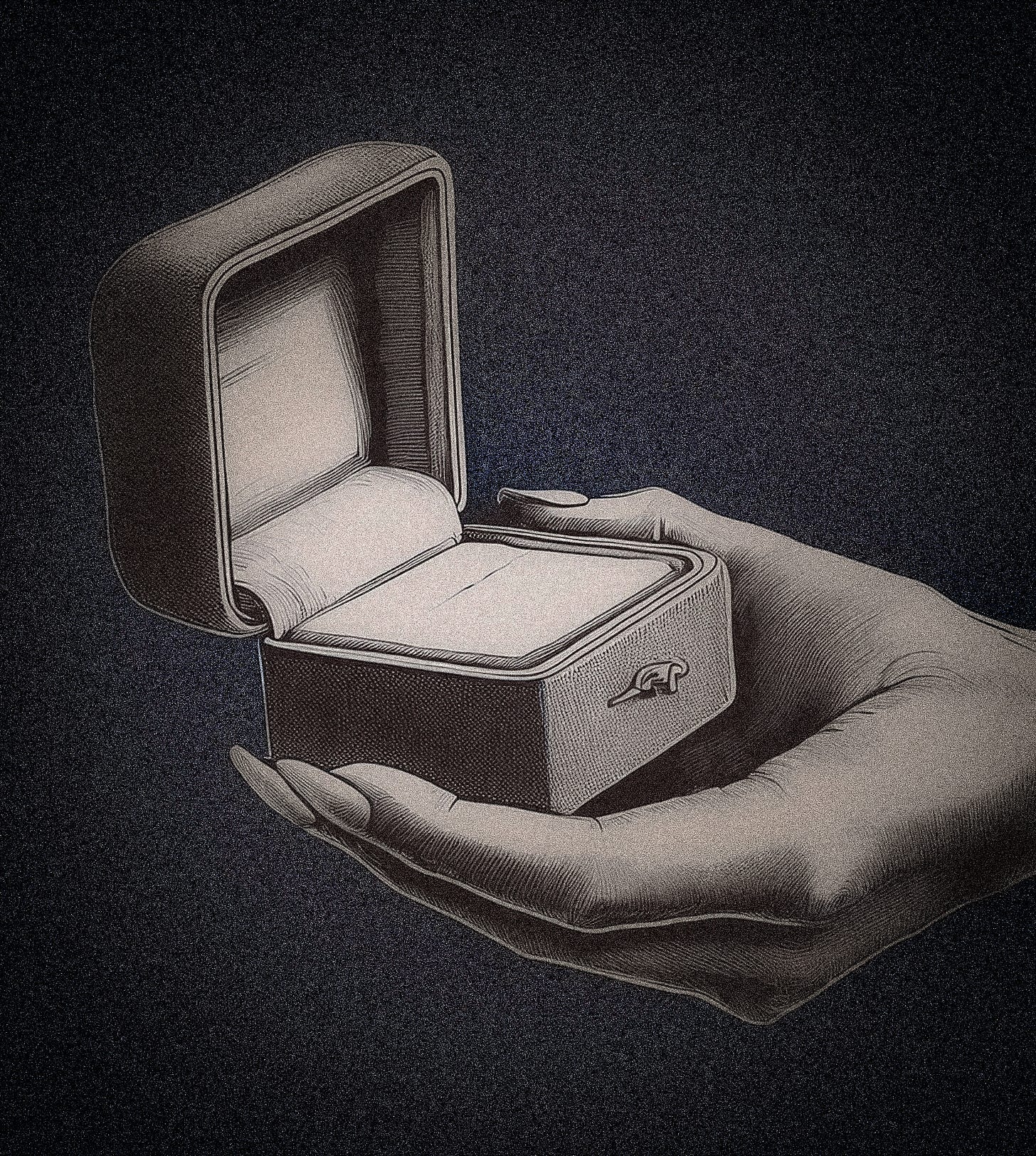 A woman's manicured hand holds a small, empty jewelry box (as for a ring). The lid is open, showing there is nothing inside. On the front of the box is something which might be a clasp or might be some kind of ornamental figure. A woman's manicured hand holds a small, empty jewelry box (as for a ring). The lid is open, showing there is nothing inside. On the front of the box is something which might be a clasp or might be some kind of ornamental figure.