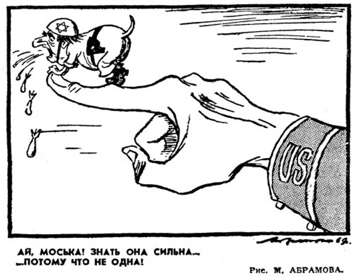 Fig. 3: ‘The puppy knows its own strength because it is not alone,’ M. Abramov, Krasnaya Zvezda, July 31, 1969. The accompanying text reads: ‘The Israeli extremists continue their bold provocations because they have the support of the American imperialists.’ (From The Israeli-Arab Conflict in Soviet Caricatures, 1967–1973 by Yeshayahu Nir, Tcherikover Publishers, 1976) Fig. 3: ‘The puppy knows its own strength because it is not alone,’ M. Abramov, Krasnaya Zvezda, July 31, 1969. The accompanying text reads: ‘The Israeli extremists continue their bold provocations because they have the support of the American imperialists.’ (From The Israeli-Arab Conflict in Soviet Caricatures, 1967–1973 by Yeshayahu Nir, Tcherikover Publishers, 1976)