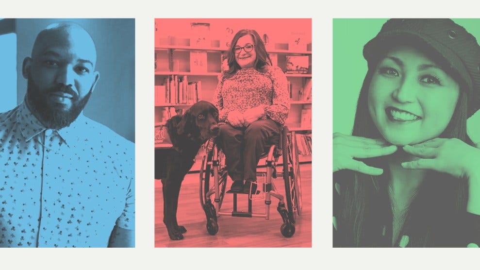 Photo collage featuring the a black man with a beard and shaved head, a bespectacled woman in a wheelchair, and a smiling woman in a hat.