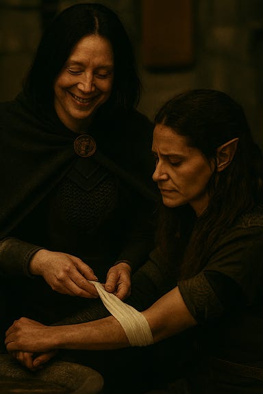 A dark fantasy image of Clarion, resembling Gwendoline Christie but with black hair, smiling warmly as she tends Silverleaf's arm. Silverleaf resembles Tatiana Maslany with Elven features—slender, sharp-eyed, with pointed ears and a quiet strength. The scene takes place inside the Wizard of Wines winery, lit by soft candlelight and the glow of the hearth. Clarion kneels beside Silverleaf, wrapping a clean bandage around her forearm with gentle precision. Her expression is serene and kind, her black hair pulled back loosely. Silverleaf sits on a wooden bench, her cloak draped over her shoulders, watching Clarion with quiet trust. Ravens perch on the rafters above, and wine barrels line the background. The atmosphere is warm, intimate, and filled with quiet care.