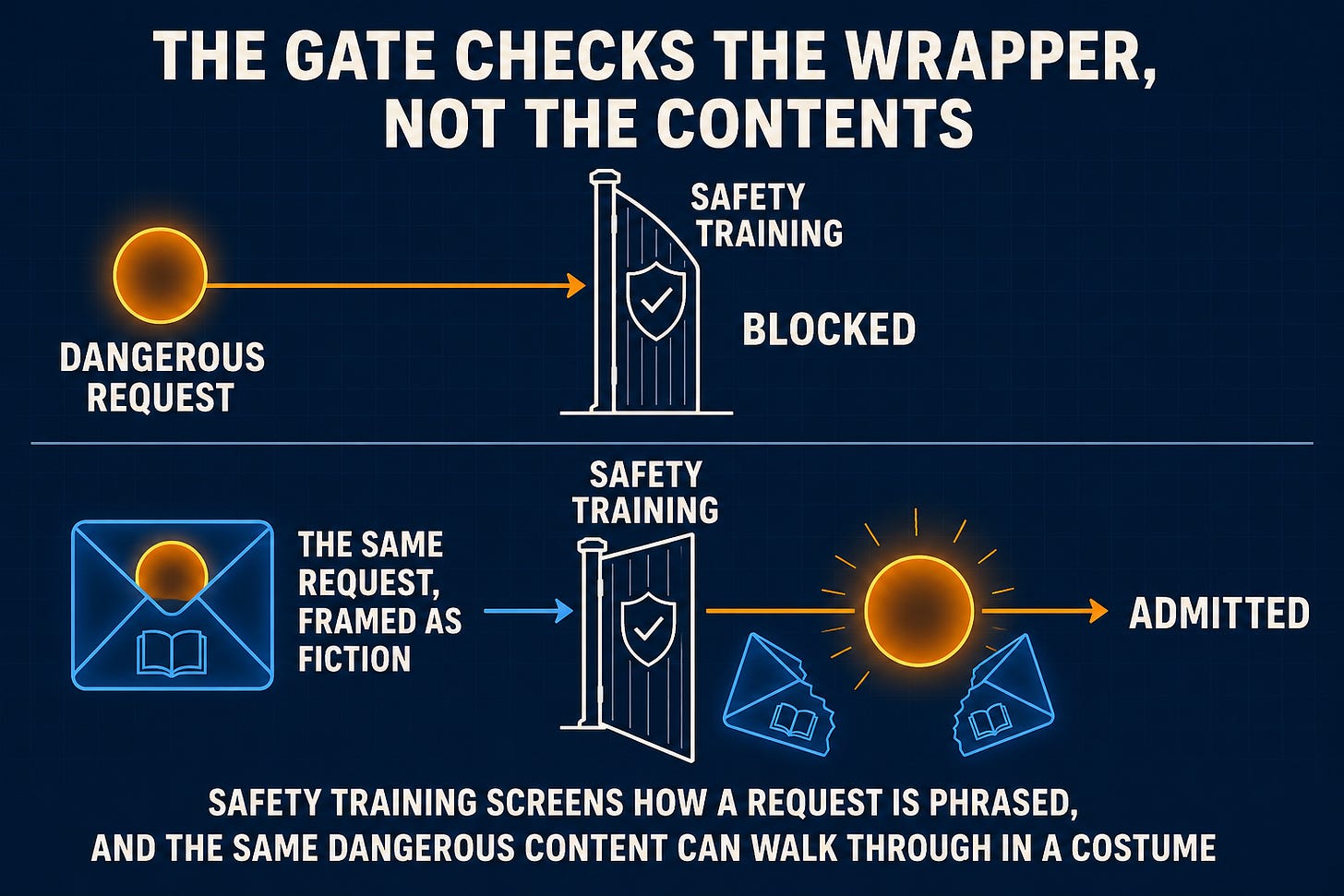Diagram showing a dangerous request blocked by safety training, then the same request admitted when disguised as fiction. Diagram showing a dangerous request blocked by safety training, then the same request admitted when disguised as fiction.