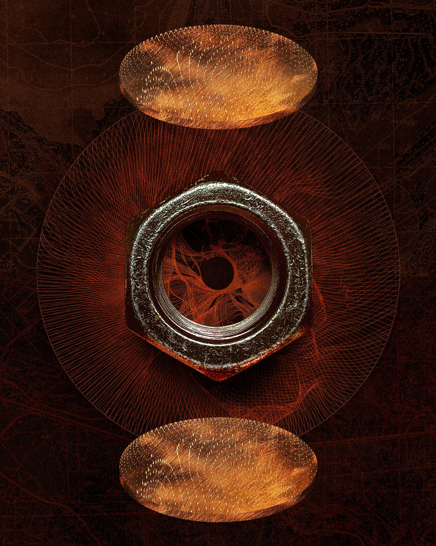 Illustration featuring two copper-colored floating disks on either side of a large metal nut, positioned above a copper-colored sphere surrounded by an intricate pattern.