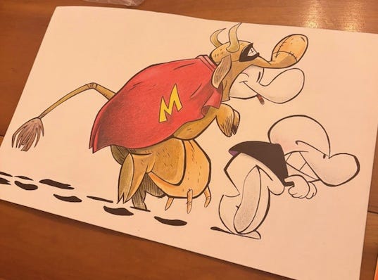 Drawing inspired by the comic Bone, showing two figures sneaking up, the first short figure looking sneaky in a black, the second taller and goofier in a cow costume with a red cape