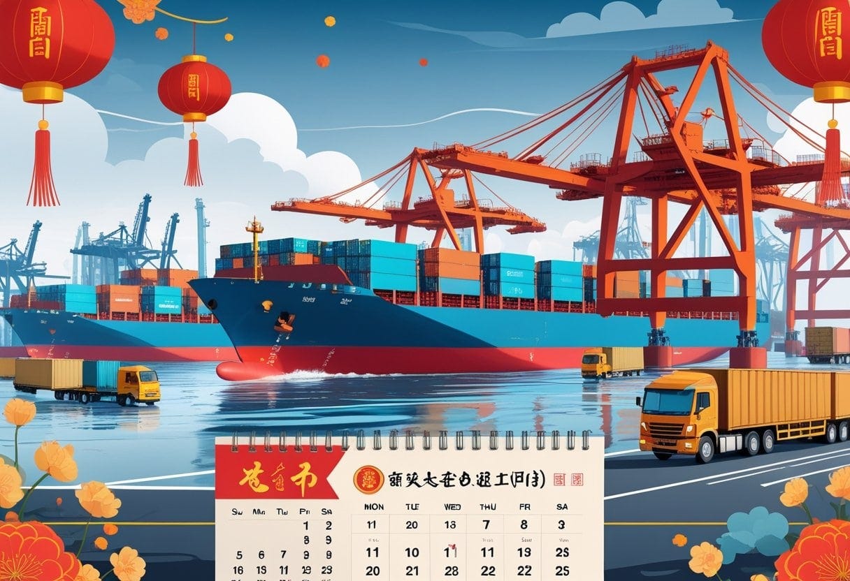 A busy shipping port with cargo ships and containers, showing a calendar highlighting Lunar New Year and slowed shipment activity connecting China to the world. A busy shipping port with cargo ships and containers, showing a calendar highlighting Lunar New Year and slowed shipment activity connecting China to the world.