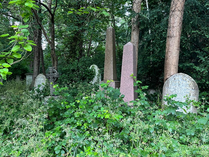 Obelisk grave monuments in an overgrown cemetery