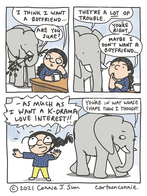 Comic about being single and the seductive appeal of K-drama fantasies, by Connie Sun, cartoonconnie