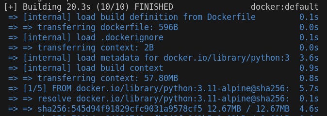 Blue and white text that tells the steps of the build process over a black terminal background Blue and white text that tells the steps of the build process over a black terminal background