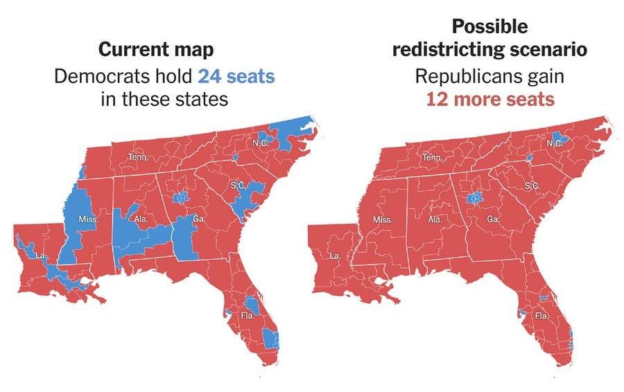 May be an image of map and text that says 'Current map Democrats hold 24 seats in these states Possible redistricting scenario Republicans gain 12 more seats Tenn Miss. Tenn, Ala Ala. Ga S.C. Miss. Ala. Ga, La Fla. Fla'