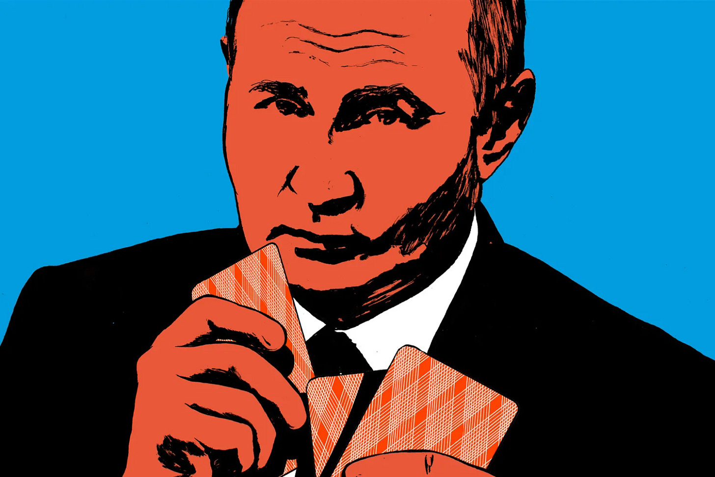 An illustration depicts Vladimir Putin holding up a hand of playing cards