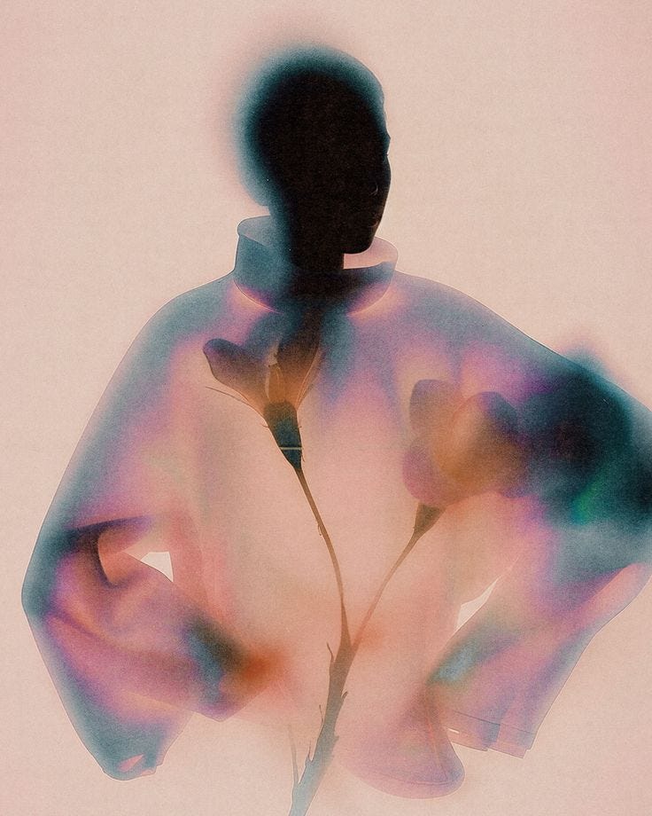 Atmospheric, conceptual art images illustrating the essence of immersive luxury and emotional capital — blending human silhouettes, abstract floral elements, and soft textures to evoke depth, presence, and sensory transformation."