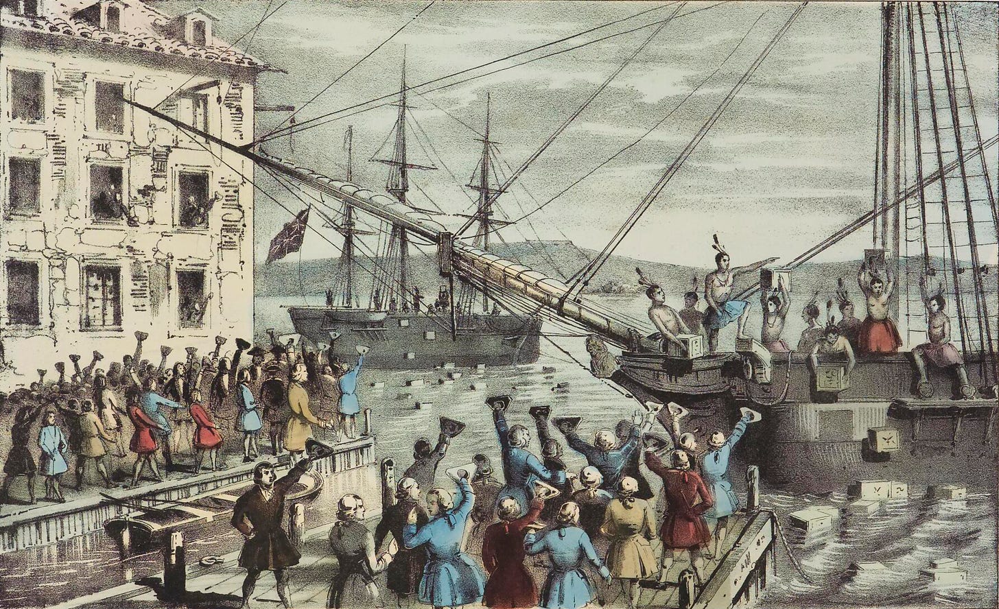 Nathaniel Currier's 1846 lithograph The Destruction of Tea at Boston Harbor: disguised men on a ship's deck throw chests of tea into Boston Harbor. Nathaniel Currier's 1846 lithograph The Destruction of Tea at Boston Harbor: disguised men on a ship's deck throw chests of tea into Boston Harbor.