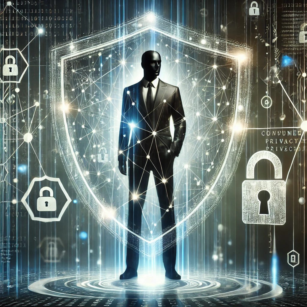 A conceptual image symbolizing consumer privacy protection in a digital world. The image features a Black man standing confidently with a glowing, secure digital shield surrounding him, made of abstract geometric patterns and encryption symbols. Background elements include faint digital lines, nodes, and lock icons, suggesting data security. The color scheme is a blend of cool blues, silvers, and greens, emphasizing trust, security, and technology. The scene conveys the idea of personal data protection and privacy in a modern, digital environment, with no visible text or words.