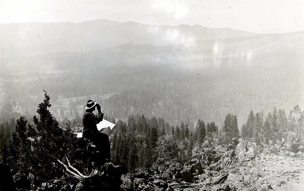 1920. Scouting and mapping areas of beetle kill from a high point. Jenny Creek, Oregon. 1920. Scouting and mapping areas of beetle kill from a high point. Jenny Creek, Oregon.