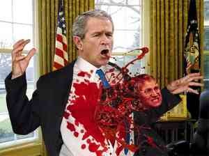 A satirical image of a spawn bursting out of President George W. Bush's chest, a la "Alien"
