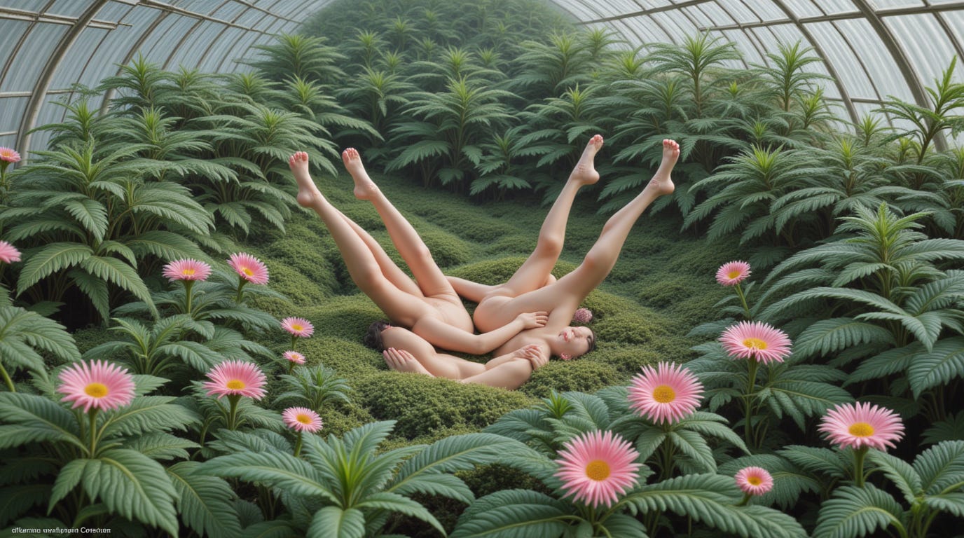 A rendering by Krea, with the prompt ‘people linking arms lying in a greenhouse among many plants’ A rendering by Krea, with the prompt ‘people linking arms lying in a greenhouse among many plants’