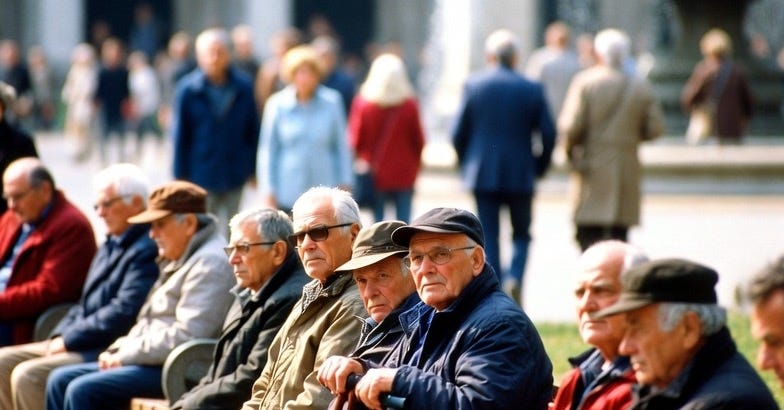 A photograph of an aging population in a public square, capturing community and stillness.