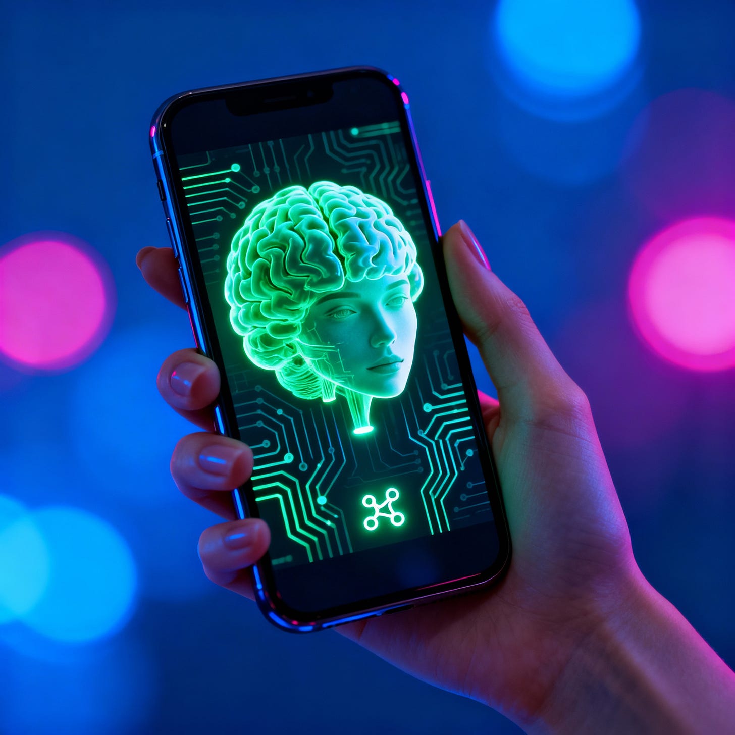 Smartphone com tela de cérebro translúcido e circuitos, mão elegante, luz neon e fundo bokeh. Smartphone com tela de cérebro translúcido e circuitos, mão elegante, luz neon e fundo bokeh.