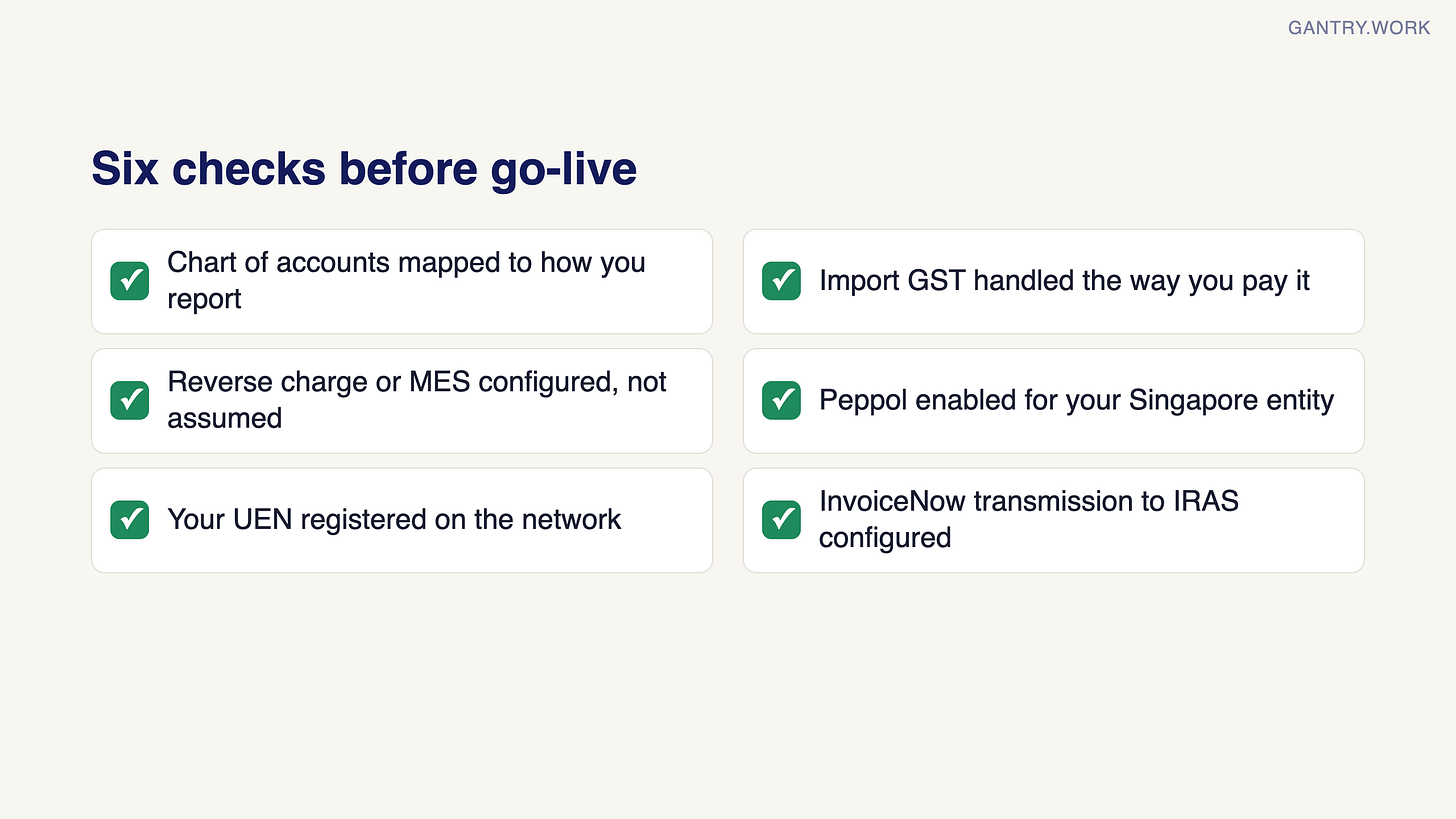 Checklist of six checks before go-live: chart of accounts mapped to how you report, import GST handled the way you pay it, reverse charge or Major Exporter Scheme configured, Peppol enabled for your Singapore entity, UEN registered on the network, InvoiceNow transmission to IRAS configured Checklist of six checks before go-live: chart of accounts mapped to how you report, import GST handled the way you pay it, reverse charge or Major Exporter Scheme configured, Peppol enabled for your Singapore entity, UEN registered on the network, InvoiceNow transmission to IRAS configured