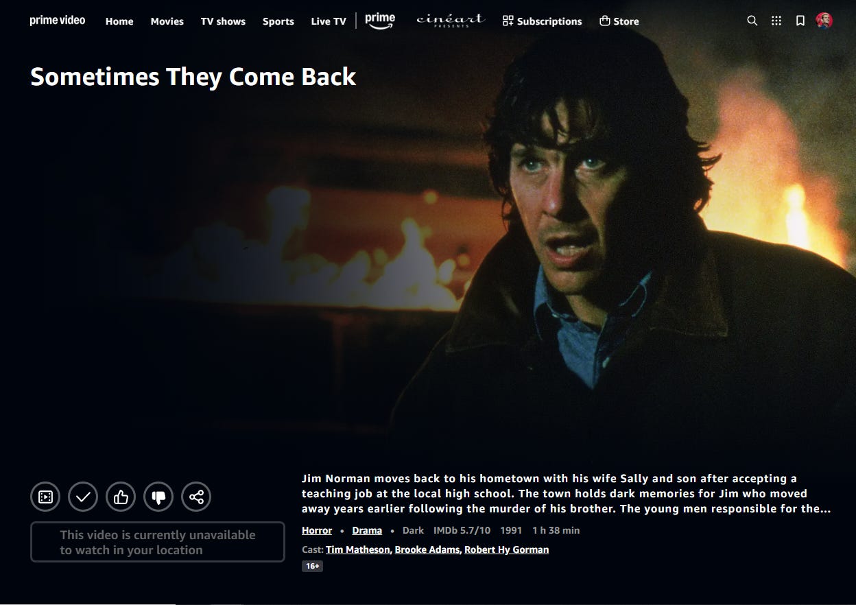 Een afbeelding en omschrijving van Sometimes They Come Back (1991) in de interface van streamingdienst Prime Video.