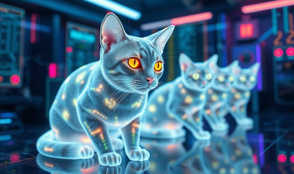Image of futuristic AI lab with holographic cats generated from synthetic datasets, glowing data streams, neon colors, ultra-detailed.