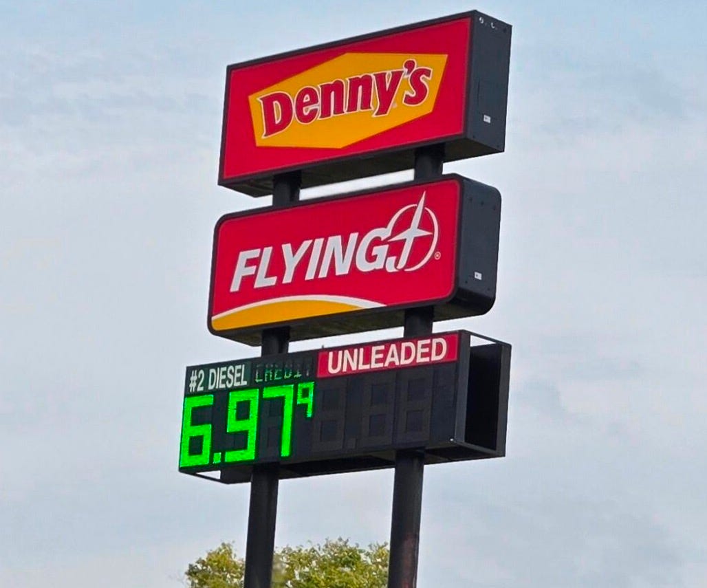 A sign at a truck stop along Interstate 70 in eastern Indiana. (Photo by Marty Schladen, Ohio Capital Journal.) A sign at a truck stop along Interstate 70 in eastern Indiana. (Photo by Marty Schladen, Ohio Capital Journal.)