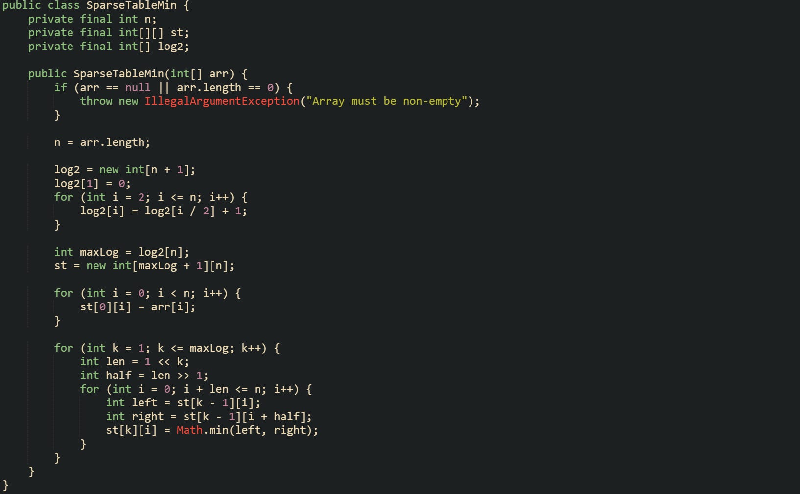 public class SparseTableMin {     private final int n;     private final int[][] st;     private final int[] log2;      public SparseTableMin(int[] arr) {         if (arr == null || arr.length == 0) {             throw new IllegalArgumentException("Array must be non-empty");         }          n = arr.length;          log2 = new int[n + 1];         log2[1] = 0;         for (int i = 2; i <= n; i++) {             log2[i] = log2[i / 2] + 1;         }          int maxLog = log2[n];         st = new int[maxLog + 1][n];          for (int i = 0; i < n; i++) {             st[0][i] = arr[i];         }          for (int k = 1; k <= maxLog; k++) {             int len = 1 << k;             int half = len >> 1;             for (int i = 0; i + len <= n; i++) {                 int left = st[k - 1][i];                 int right = st[k - 1][i + half];                 st[k][i] = Math.min(left, right);             }         }     } }