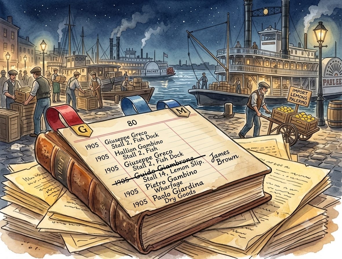 An open 1907 ledger with "G" and "M" bookmarks sits in the foreground. One entry for "Guido Giambrone" is crossed out and "James Brown" is written next to it. The background shows a bustling 1907 New Orleans wharf with steamboats, workers, and a man pushing a cart with lemons. An open 1907 ledger with "G" and "M" bookmarks sits in the foreground. One entry for "Guido Giambrone" is crossed out and "James Brown" is written next to it. The background shows a bustling 1907 New Orleans wharf with steamboats, workers, and a man pushing a cart with lemons.