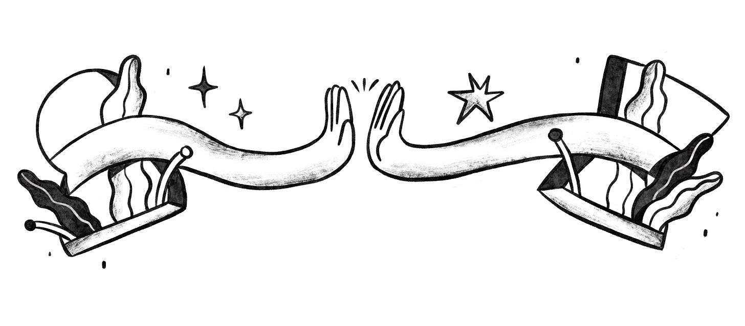 Hands doing high fives through windows on white background