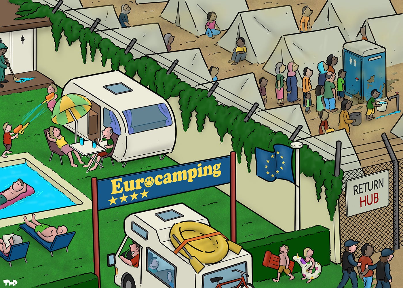 Cartoon showing a camping on one side, and a migrant return hub on the other side, separated by a wall. The camping entrance has a sign that reads 'Eurocamping' and shows four stars. There a pool with people lounging, and a camper van is entering the cam grounds, filled with happy vacationers. Towards the back, a migrant is cleaning the toilet building. Next to the camping entrance, two white kids in bathing suits are watching Frontex officers are escorting a cuffed person of color to the return hub, which is a dusty area filled with tents. There is a line waiting for one filthy toilet.