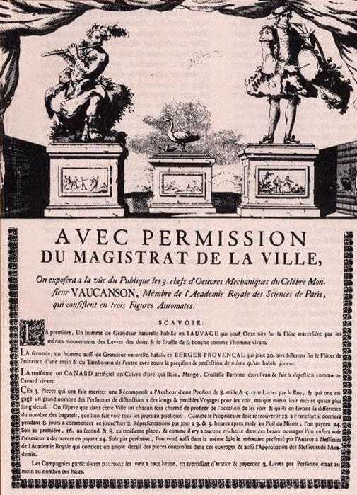 a handbill advertising “avec permission du magistrat de la ville ... les 3 chefs d’oeuvres mechaniques du celébre Monsieur Vaucanson”