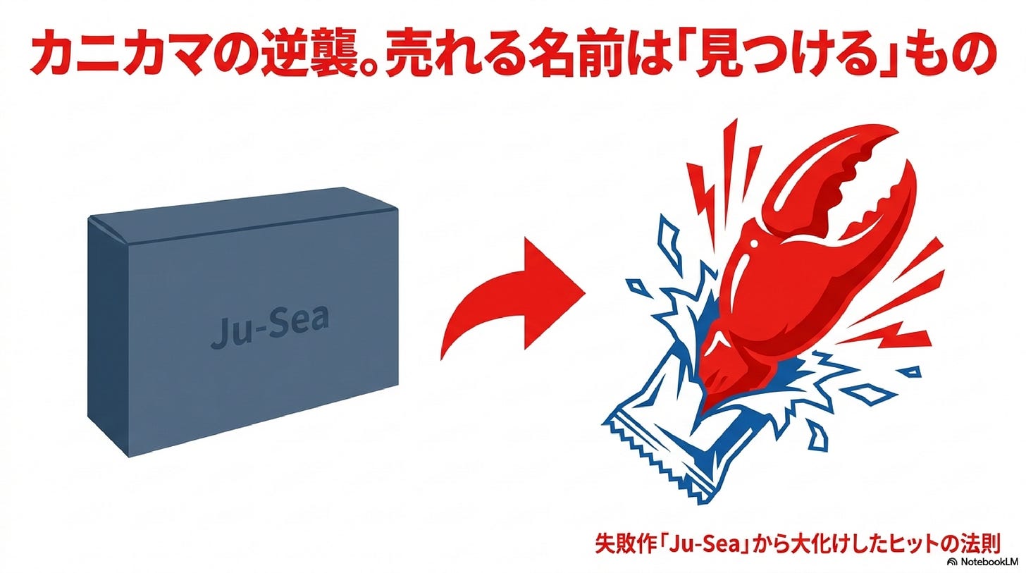 「カニカマの逆襲。売れる名前は『見つける』もの」記事のアイキャッチ画像。 「カニカマの逆襲。売れる名前は『見つける』もの」記事のアイキャッチ画像。