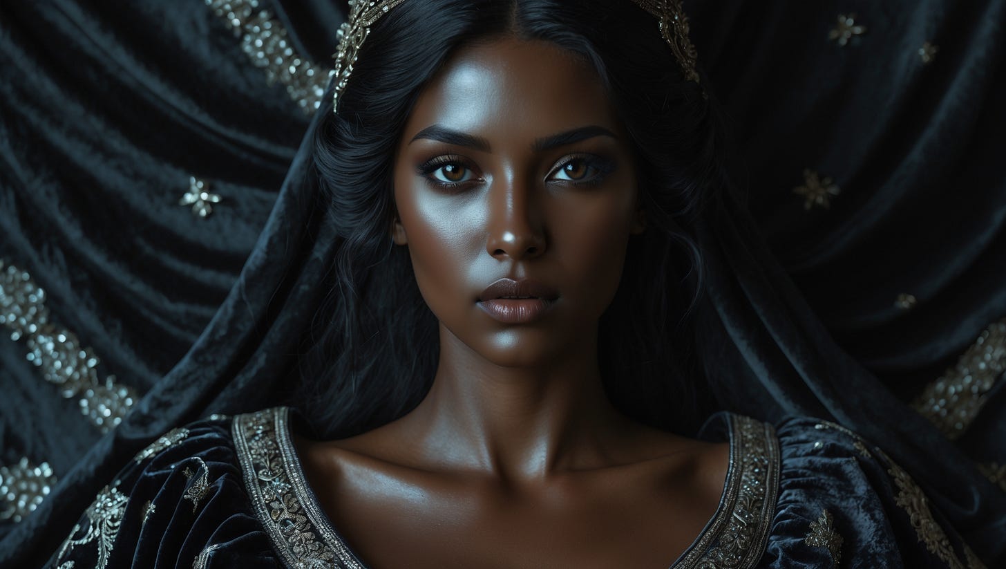 Digital illustration of a serene, ethereal dusky-skinned Semitic Ancient Israelite woman with long straight dark hair, brown eyes, and subtle makeup, gazing forward intently. She wears an ornate gold crown adorned with jewels, a dark velvet hood or veil draped over her head and shoulders, and a matching embroidered gown with intricate silver floral patterns along the neckline. Set against a richly textured dark backdrop with subtle star-like embellishments.
