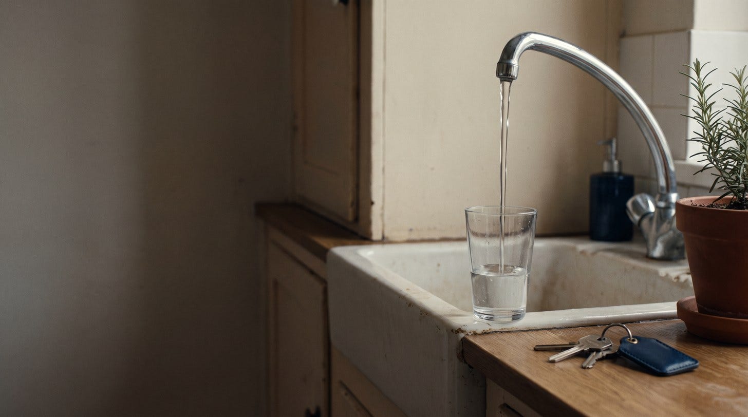 A kitchen faucet pouring a steady stream of water into a glass at the sink, house keys and a potted herb on the counter in morning light.