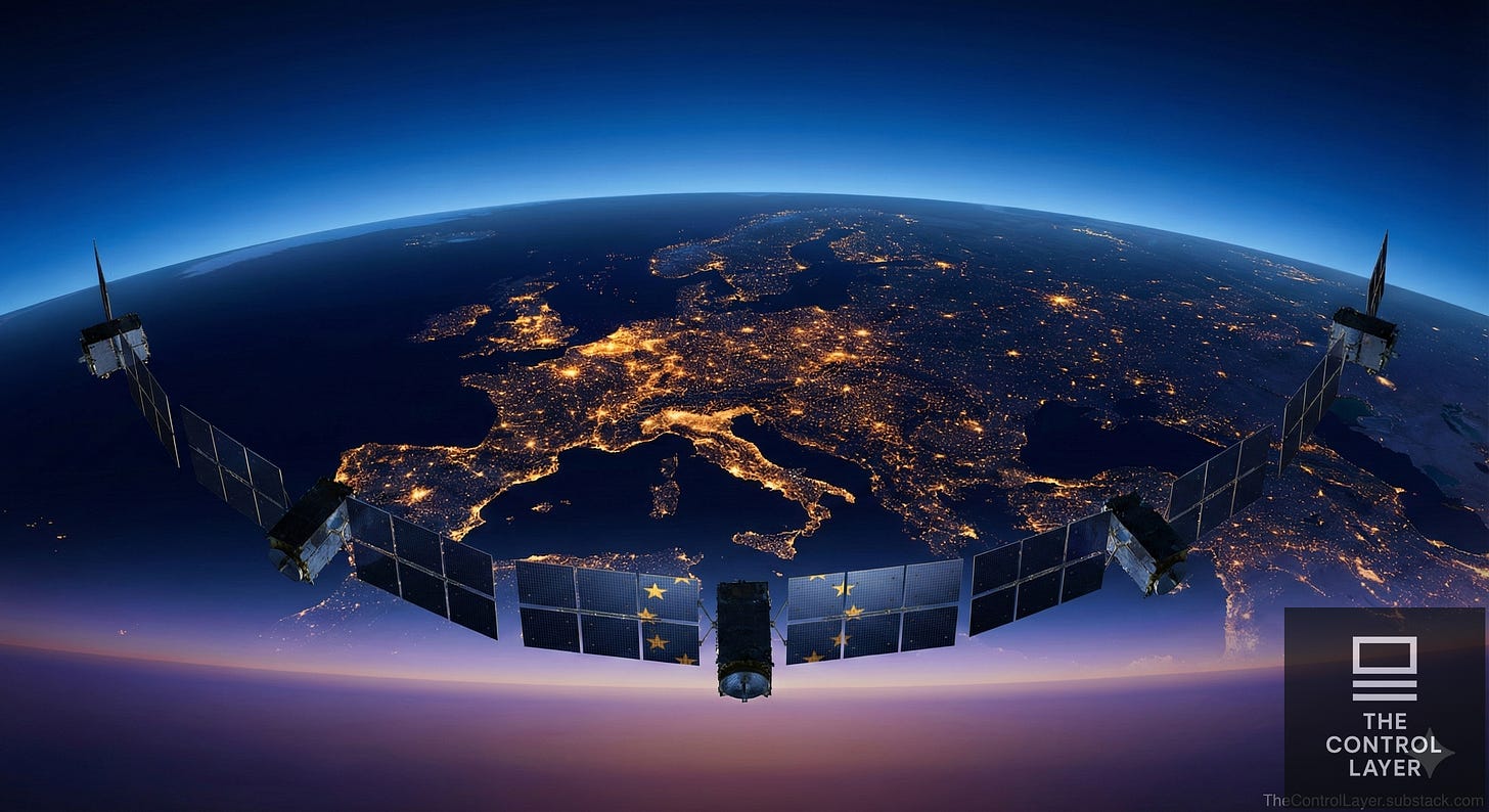 European continent viewed from space at twilight, protected by an arc of satellites with EU star reflections on their solar panels.