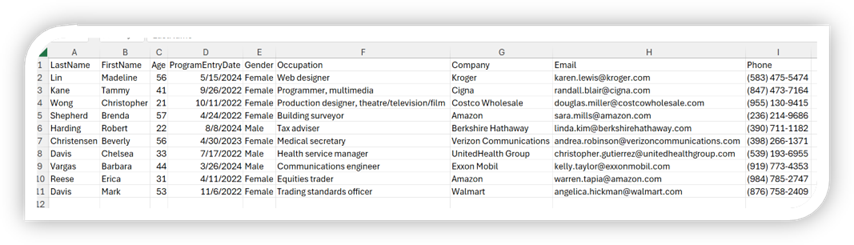 An image showing sample data generated by Copilot in a CSV file format. The image includes a table with various data fields An image showing sample data generated by Copilot in a CSV file format. The image includes a table with various data fields